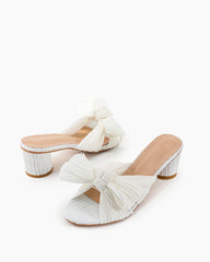 (Clean Up - Delivery in 3-5 days) Pleated Bow Open Toe Chunky Block Heel Sandals