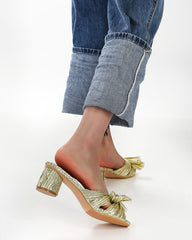 (Clean Up - Delivery in 3-5 days) Pleated Bow Open Toe Chunky Block Heel Sandals