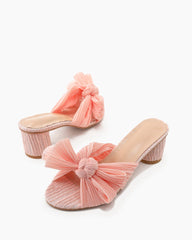 (Clean Up - Delivery in 3-5 days) Pleated Bow Open Toe Chunky Block Heel Sandals