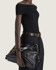 Shiny Calfskin V Hobo Bag Adjustable Strap Gold Hardware