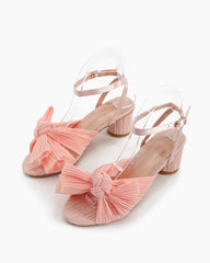 (Clean Up - US 7) Pleated Bow Open Toe Chunky Block Slingback Heel Sandals