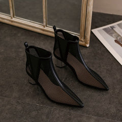 (Clean Up - US 6/US 6.5) Pointed Hollow Mesh Thick Heels Boots