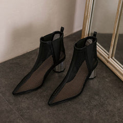 (Clean Up - US 6/US 6.5) Pointed Hollow Mesh Thick Heels Boots