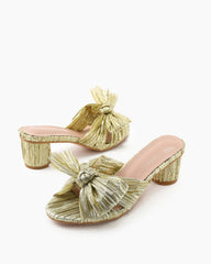 (Clean Up - Delivery in 3-5 days) Pleated Bow Open Toe Chunky Block Heel Sandals