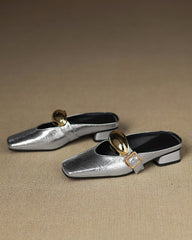 (Clean Up - US 7.5) Bold Gold Oval Buckle Square Toe Flat Mules