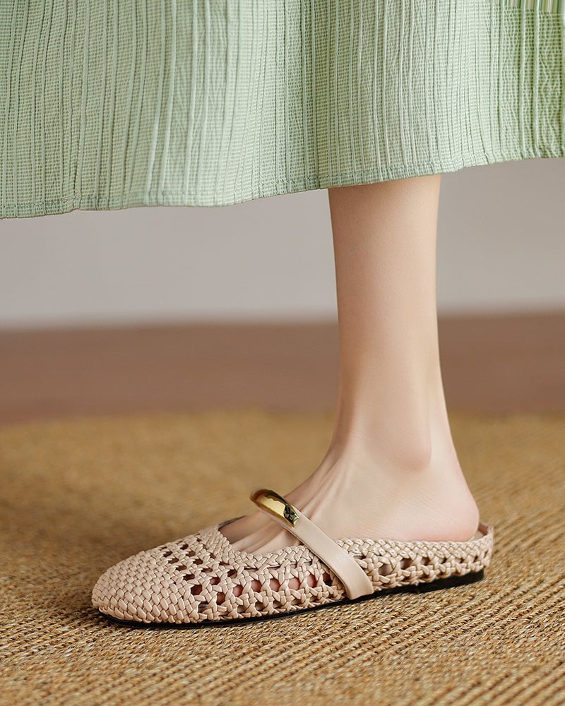 Woven Gold-Tone Strap Mary Jane Flats