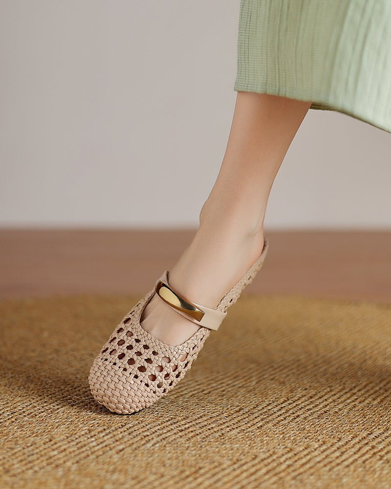 Woven Gold-Tone Strap Mary Jane Flats
