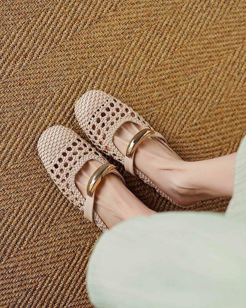 Woven Gold-Tone Strap Mary Jane Flats
