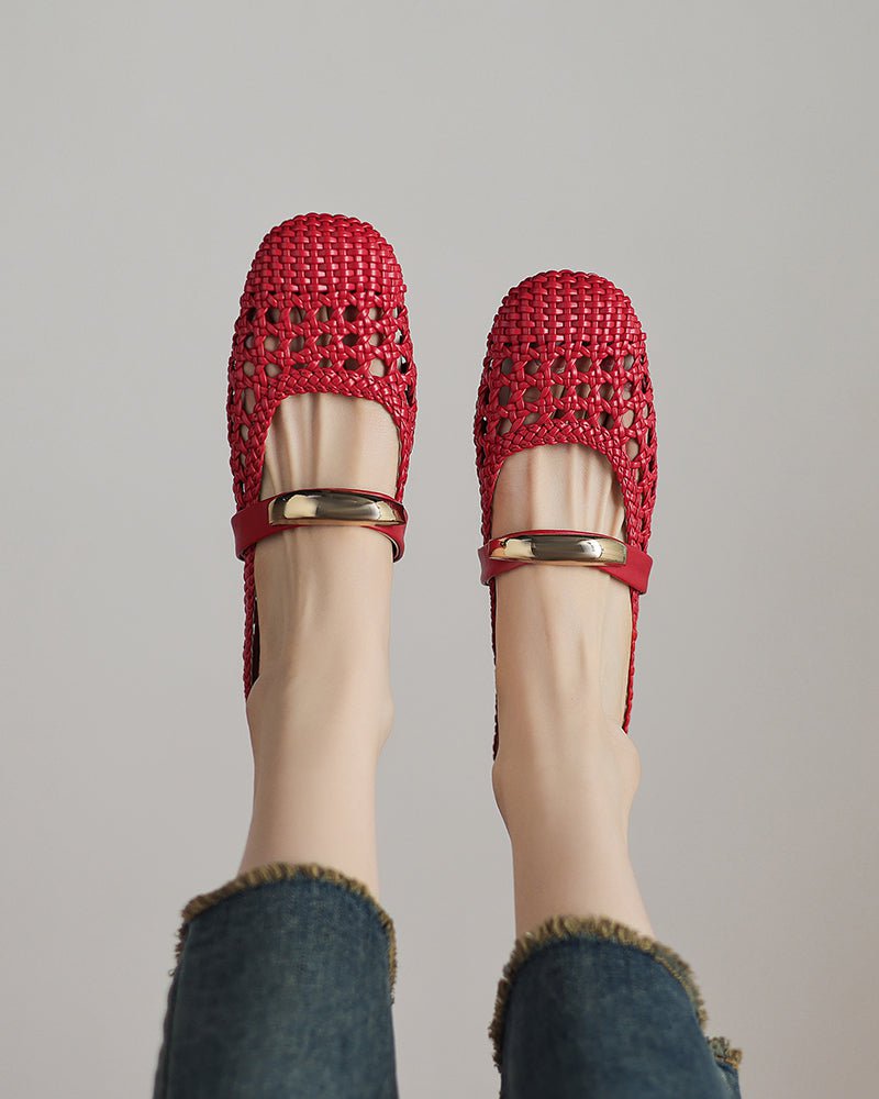Woven Gold-Tone Strap Mary Jane Flats
