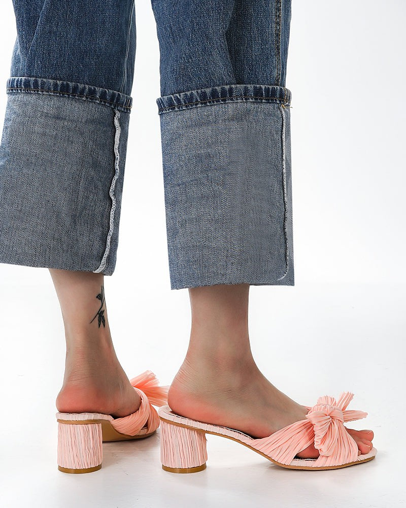 (Clean Up - Delivery in 3-5 days) Pleated Bow Open Toe Chunky Block Heel Sandals