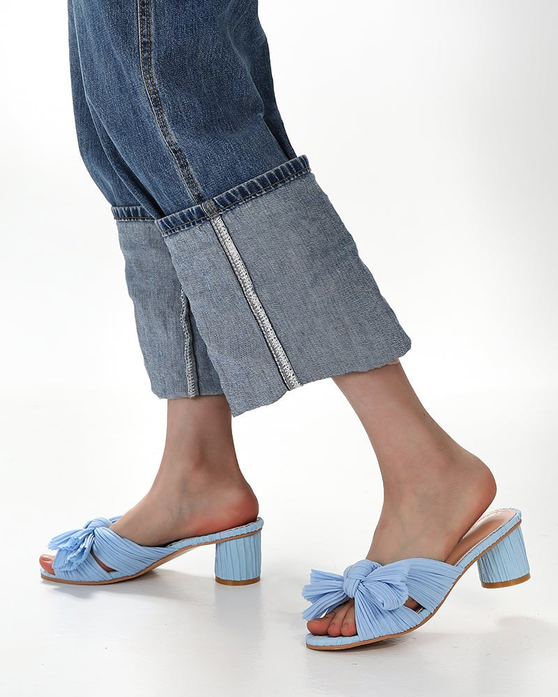 (Clean Up - Delivery in 3-5 days) Pleated Bow Open Toe Chunky Block Heel Sandals