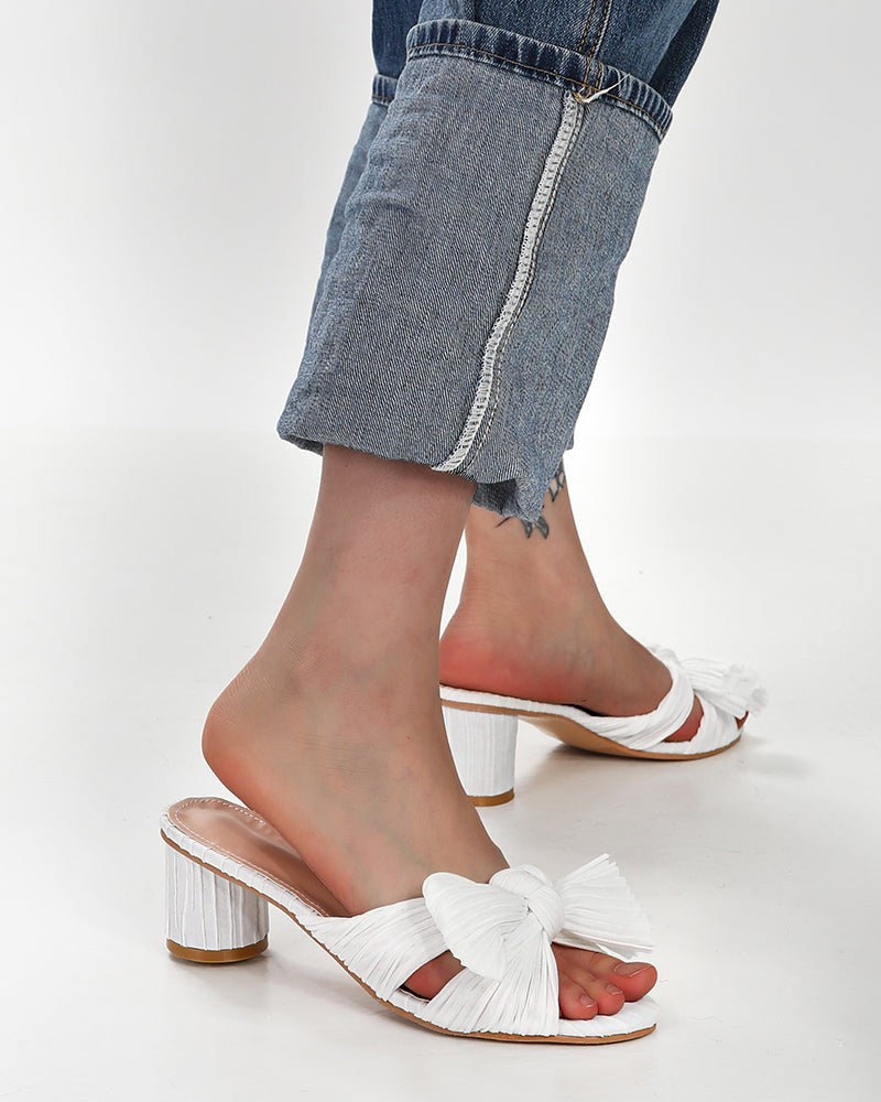 (Clean Up - Delivery in 3-5 days) Pleated Bow Open Toe Chunky Block Heel Sandals