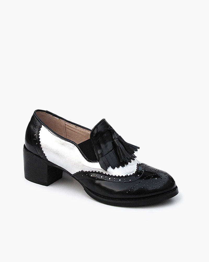 (Clean Up - US 9) Black and White Classic Fringed Chunky Heel Oxford Shoes