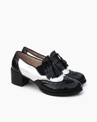 (Clean Up - US 9) Black and White Classic Fringed Chunky Heel Oxford Shoes