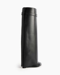 Shark Lock embellished glossed-leather knee boots
