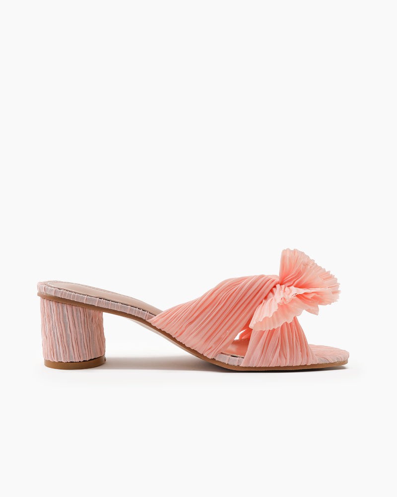 (Clean Up - Delivery in 3-5 days) Pleated Bow Open Toe Chunky Block Heel Sandals