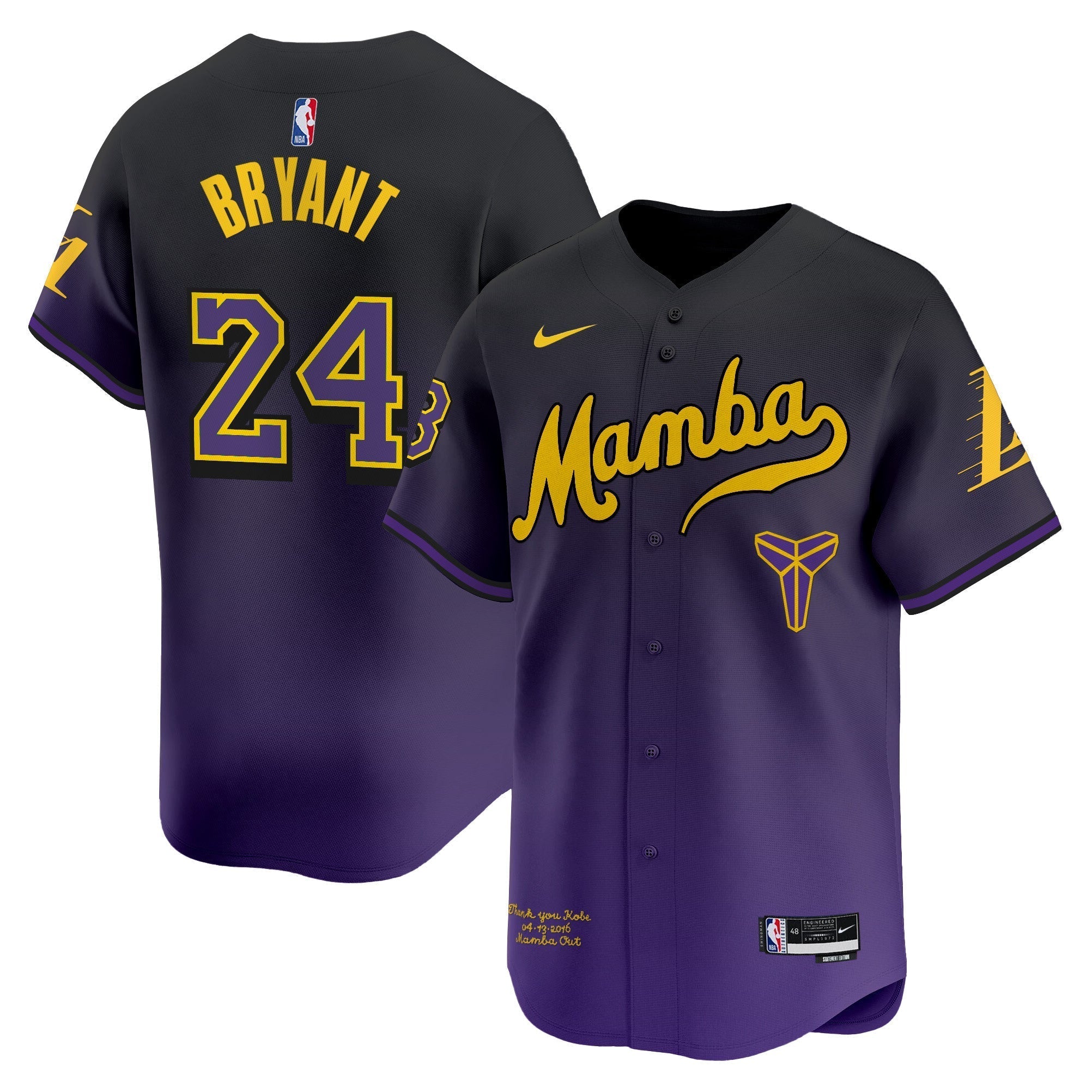 LAL Kobe Bryant Mamba Vapor Baseball Jersey - All Stitched