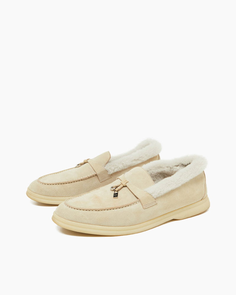Suede and Shearling Fur Charms Walk Loafers