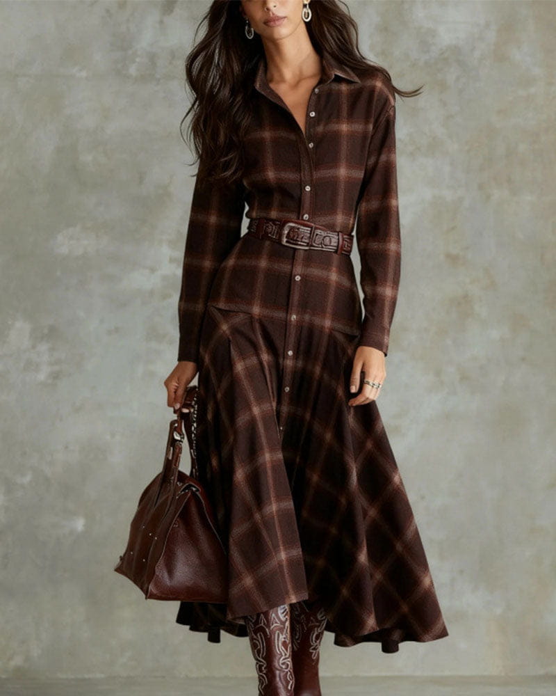 Plaid Twill Paneled Shirt Dress