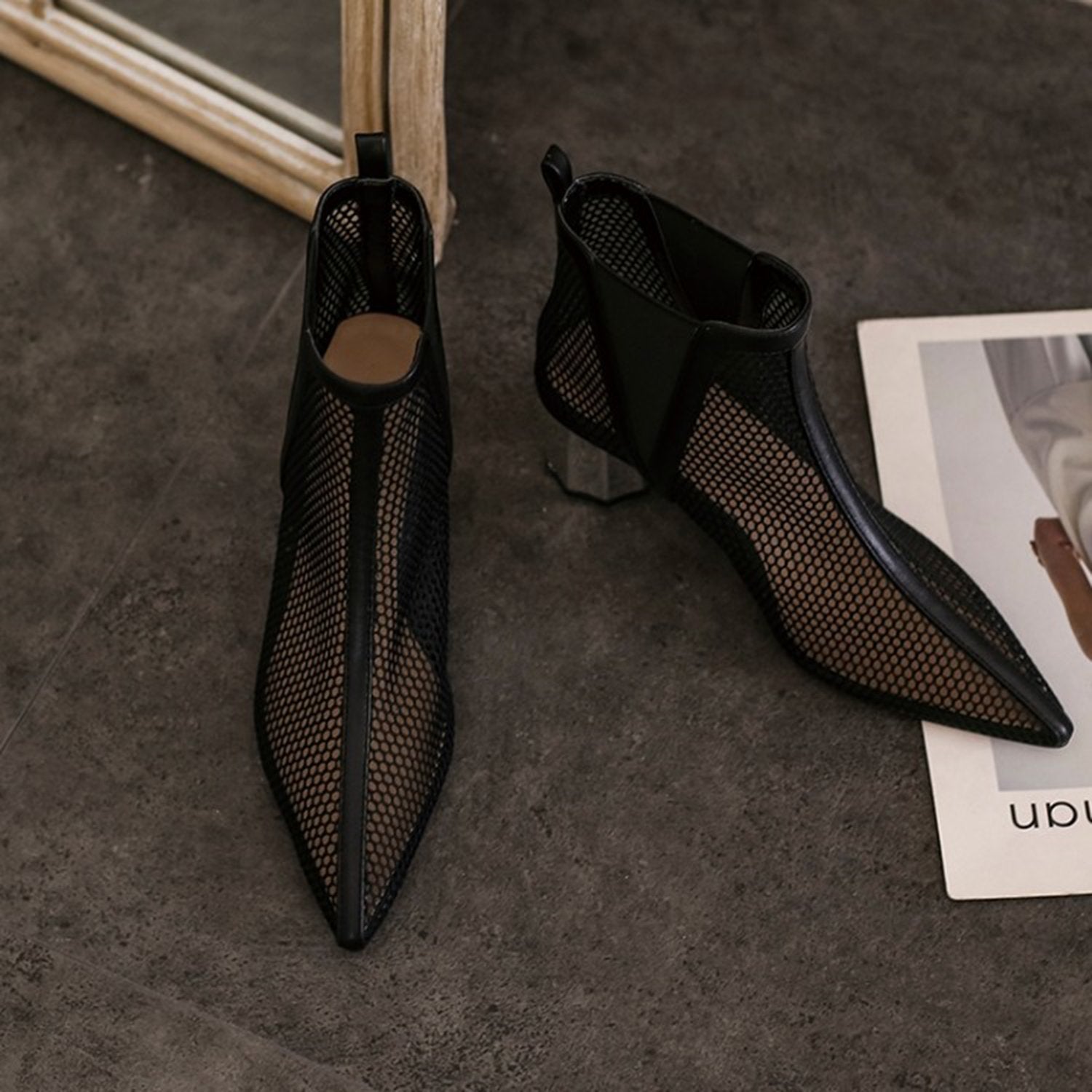 (Clean Up - US 6/US 6.5) Pointed Hollow Mesh Thick Heels Boots