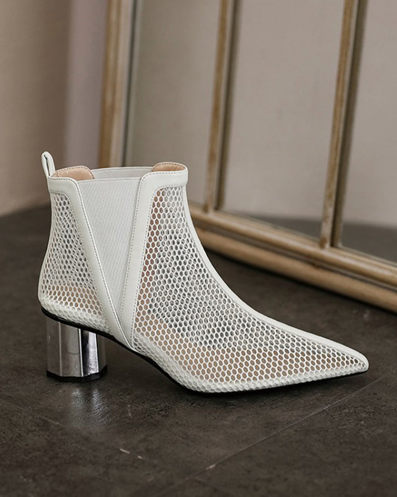 Pointed Hollow Mesh Thick Heels Boots