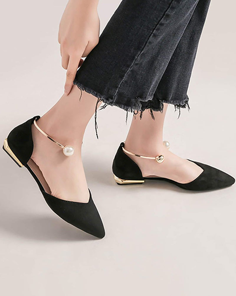 (Clean Up - US 7 ) Pearl Buckle Pointed Toe Flat Loafers