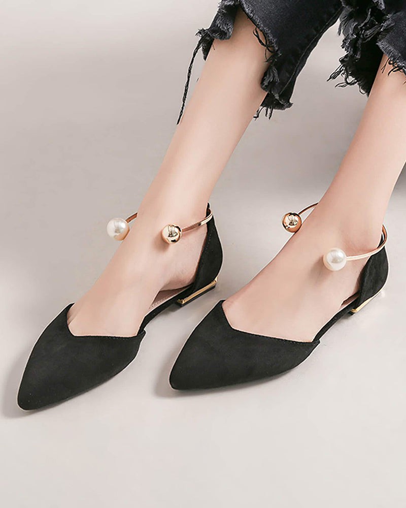 (Clean Up - US 7 ) Pearl Buckle Pointed Toe Flat Loafers