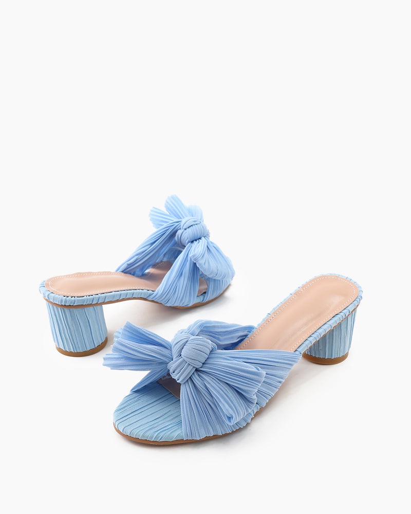 (Clean Up - Delivery in 3-5 days) Pleated Bow Open Toe Chunky Block Heel Sandals