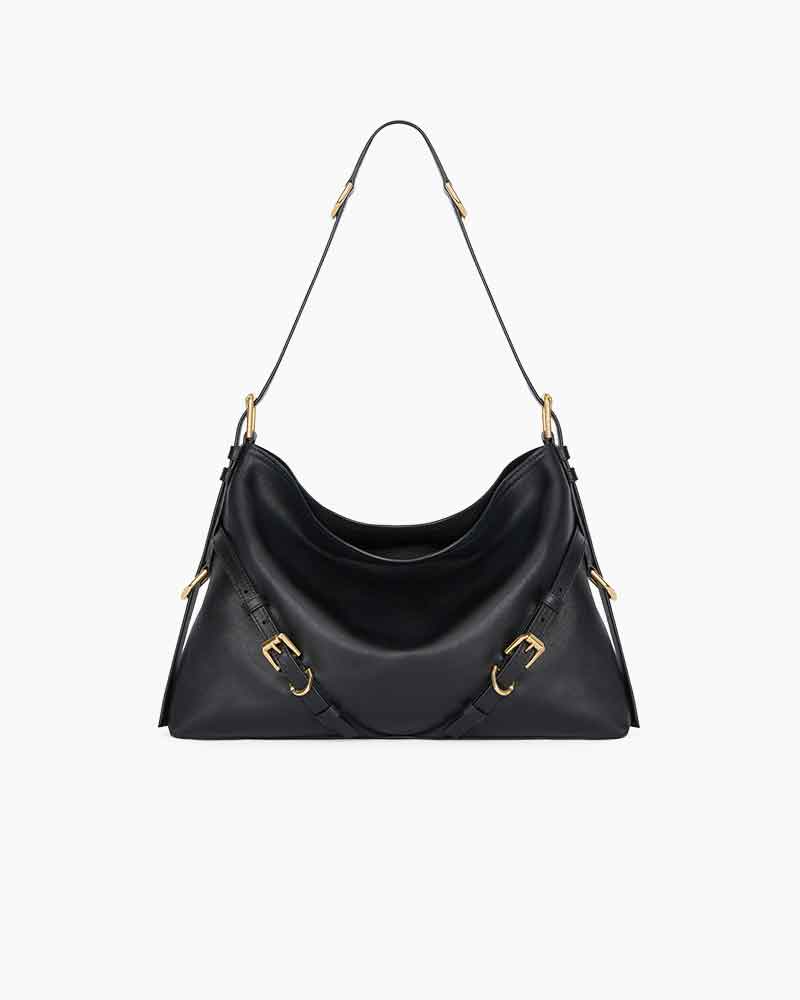 Shiny Calfskin V Hobo Bag Adjustable Strap Gold Hardware