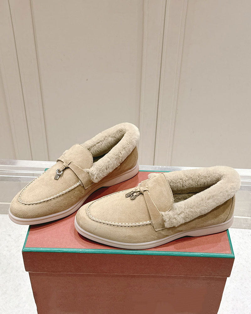 Suede and Shearling Fur Charms Walk Loafers