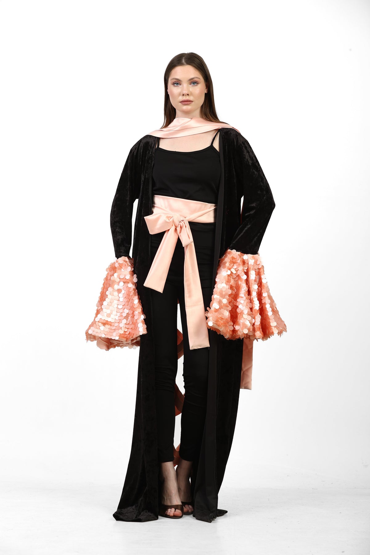 Midnight Velvet Maxi Kaftan with Blush Satin Criss-Cross Back & Sequin Flare Sleeves