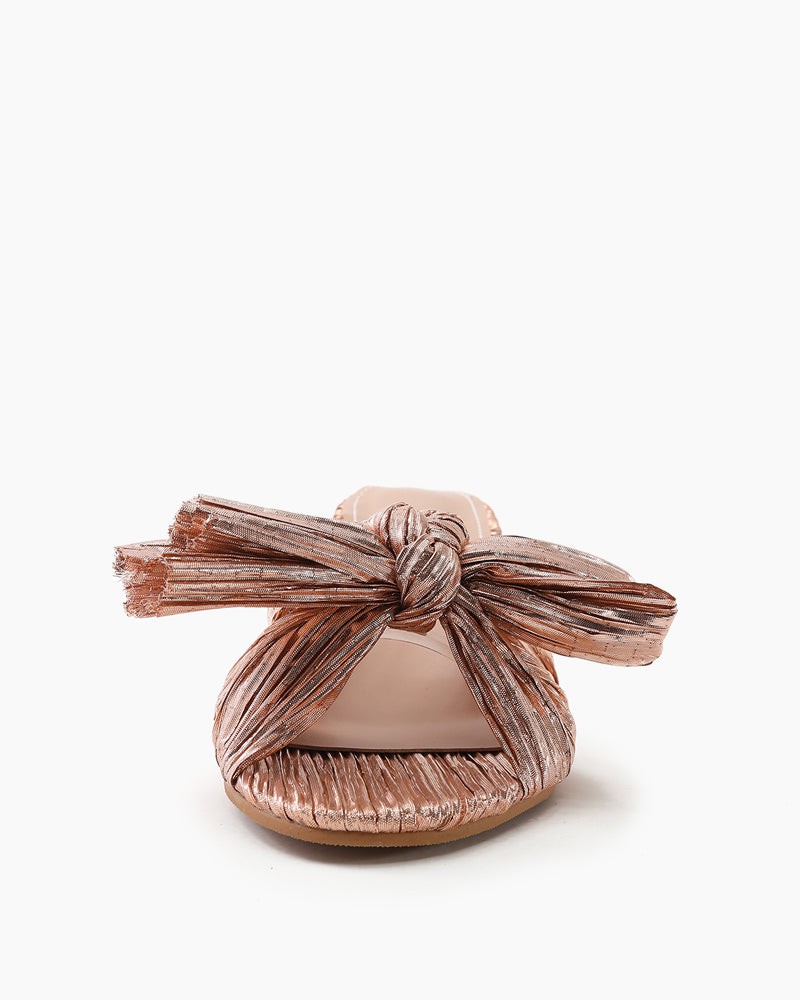 (Clean Up - Delivery in 3-5 days) Pleated Bow Open Toe Chunky Block Heel Sandals