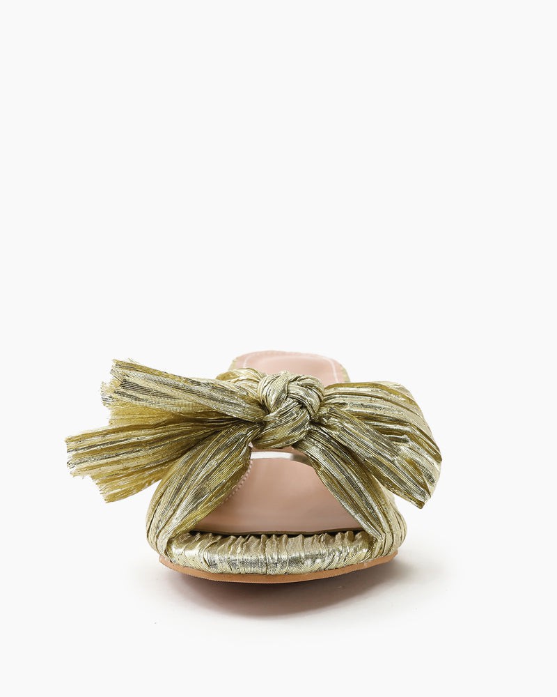 (Clean Up - Delivery in 3-5 days) Pleated Bow Open Toe Chunky Block Heel Sandals