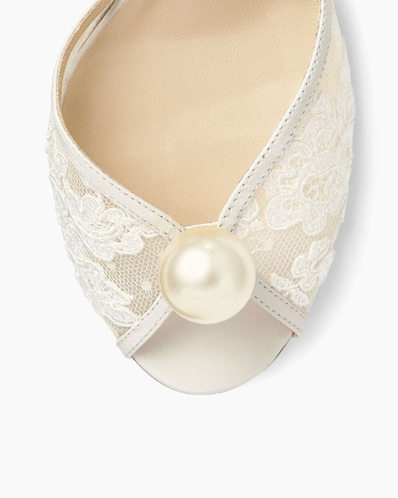 Ivory Floral Lace Sandal Heels with Pearl Detail