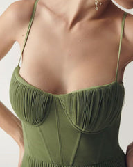 (Clean Up) Corset Pleated Tulle Fit & Flare Midi Dress