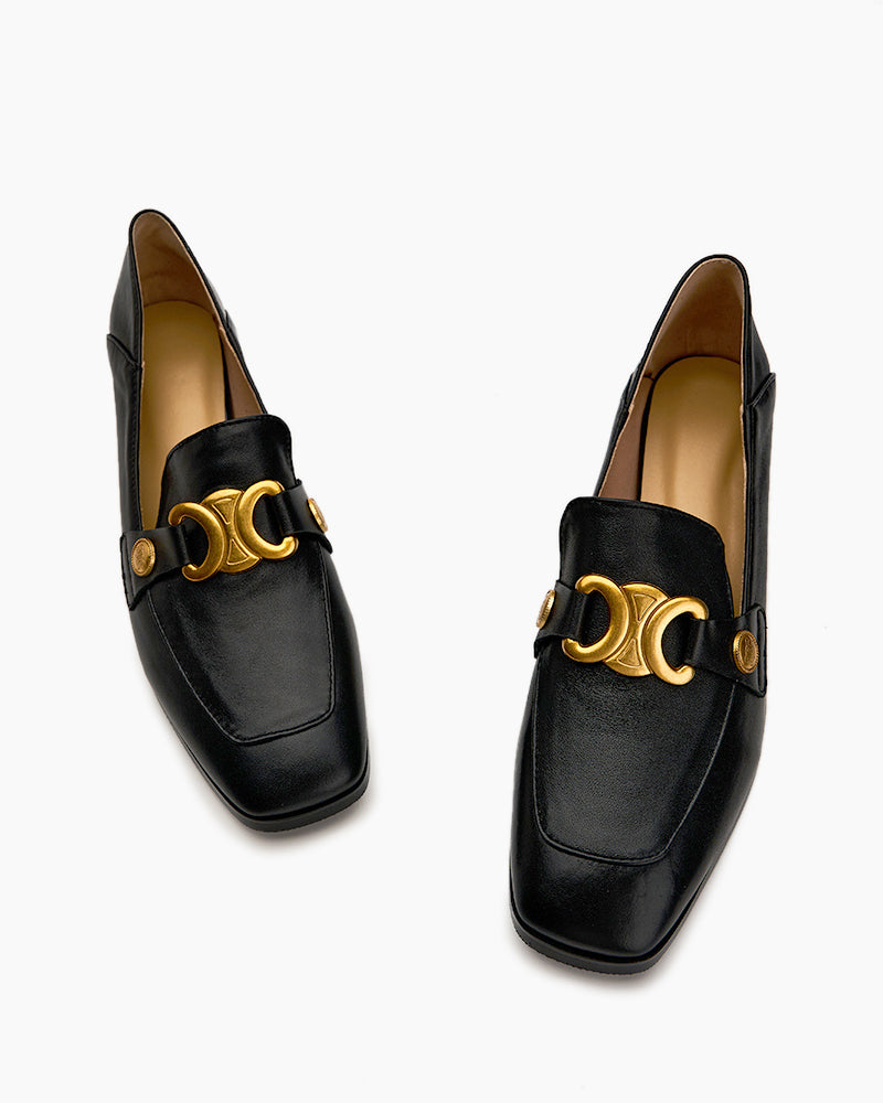 (Clean Up -  US 7.5) Soft Chunky Heel Metal Buckle Loafers