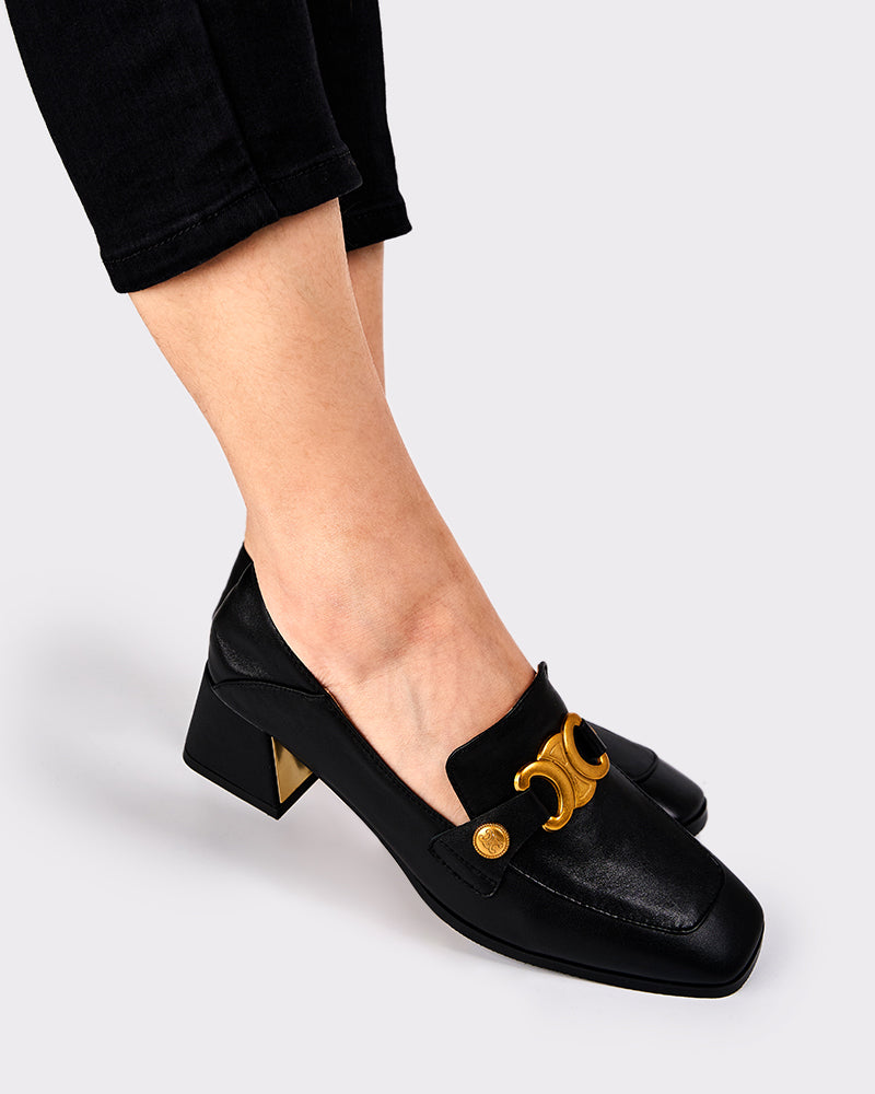 (Clean Up -  US 7.5) Soft Chunky Heel Metal Buckle Loafers