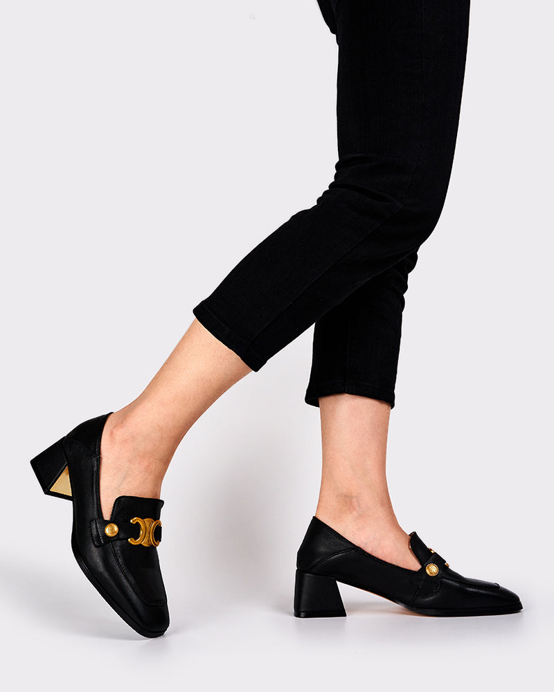 (Clean Up -  US 7.5) Soft Chunky Heel Metal Buckle Loafers