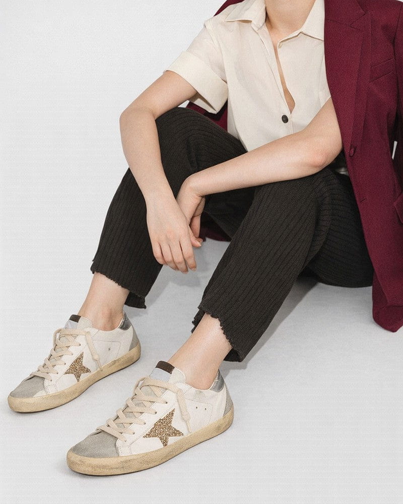 Women’s Coffee Run Leather Low-Top Gold Glitter Star Sneakers