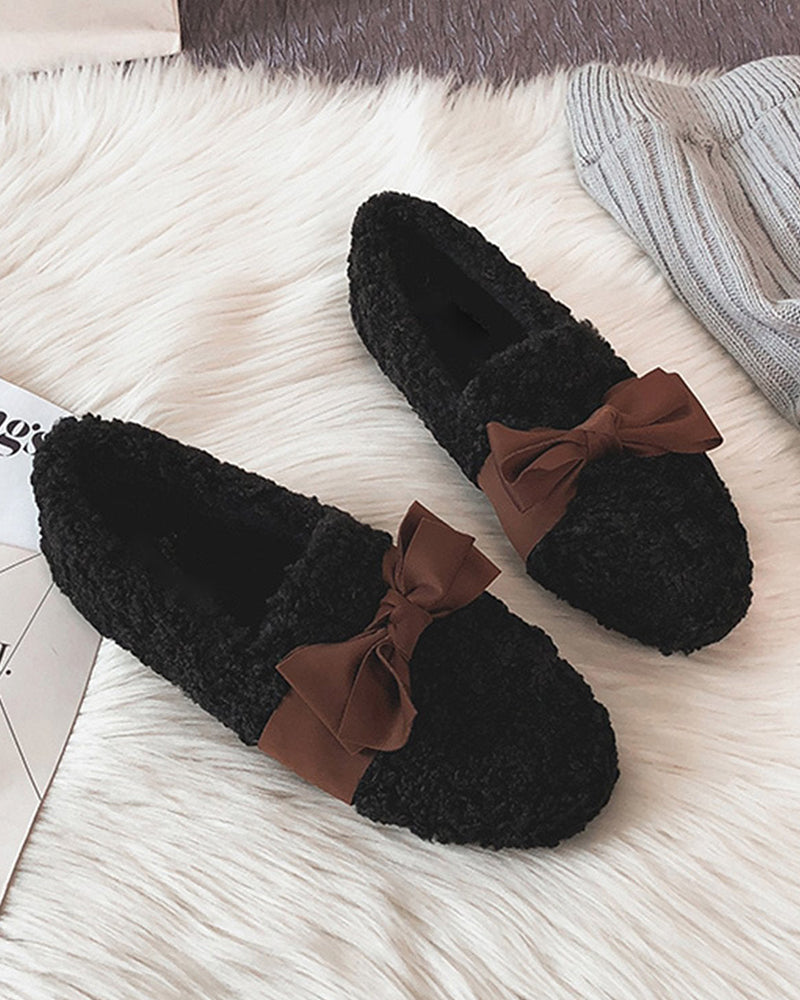 (Clean Up - US 7) Faux Lamb Wool Comfy Warm Bow Loafers