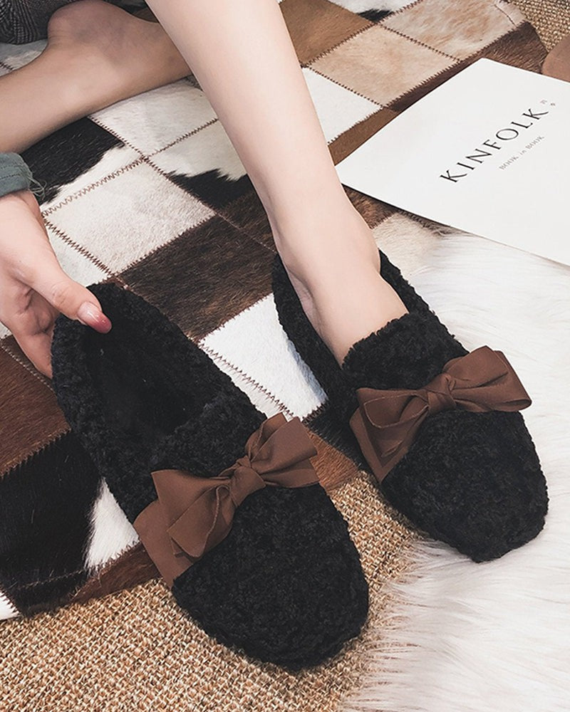 (Clean Up - US 7) Faux Lamb Wool Comfy Warm Bow Loafers