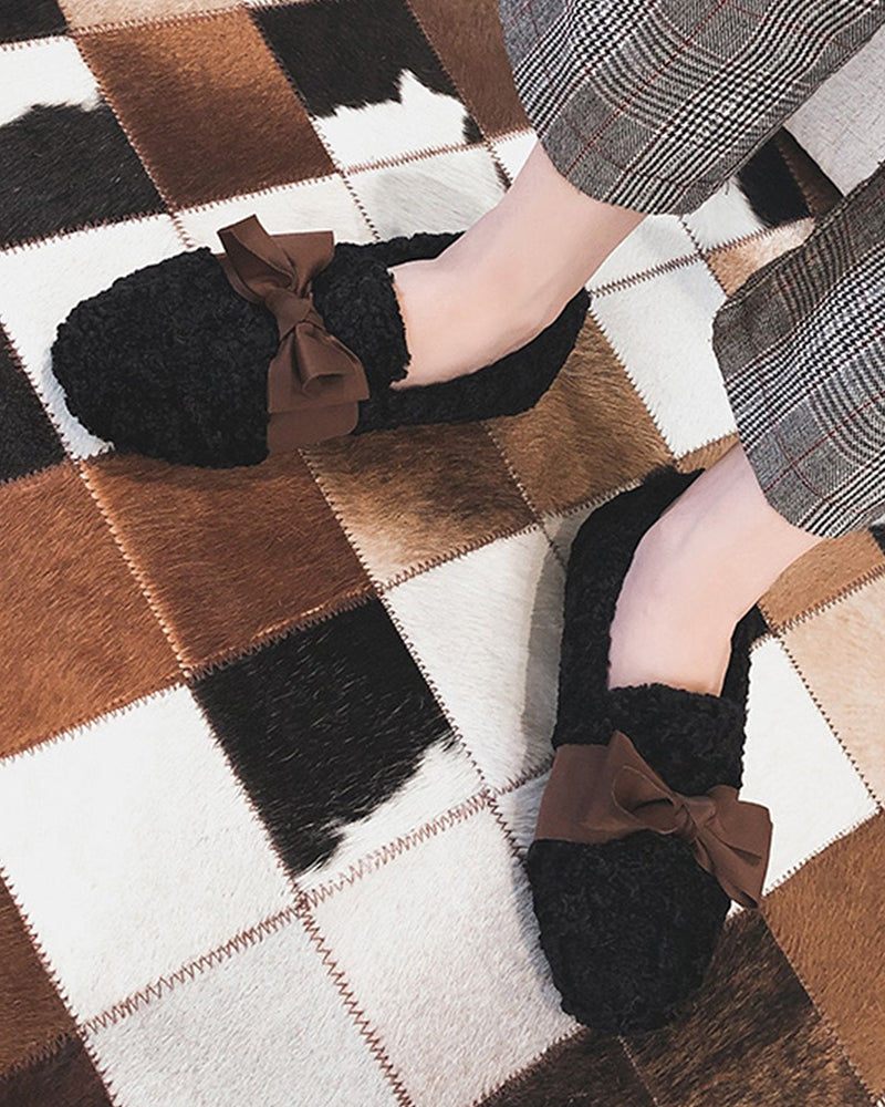 (Clean Up - US 7) Faux Lamb Wool Comfy Warm Bow Loafers