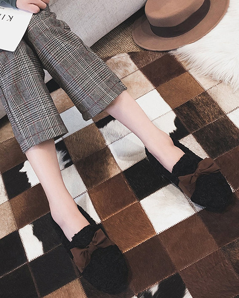 (Clean Up - US 7) Faux Lamb Wool Comfy Warm Bow Loafers