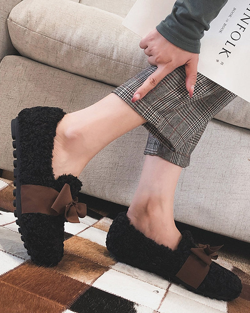 (Clean Up - US 7) Faux Lamb Wool Comfy Warm Bow Loafers
