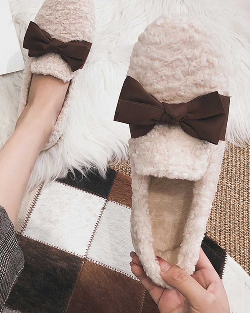 (Clean Up - US 7) Faux Lamb Wool Comfy Warm Bow Loafers