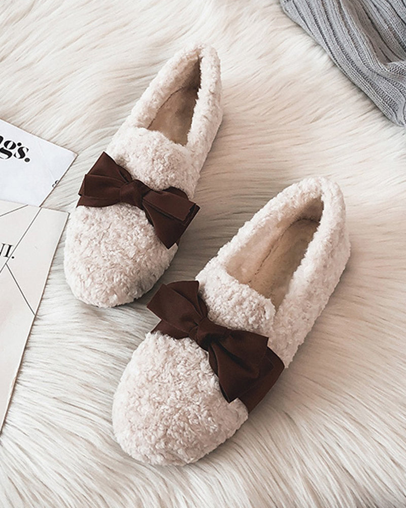 (Clean Up - US 7) Faux Lamb Wool Comfy Warm Bow Loafers