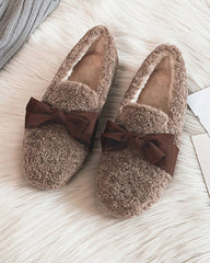 (Clean Up - US 7) Faux Lamb Wool Comfy Warm Bow Loafers