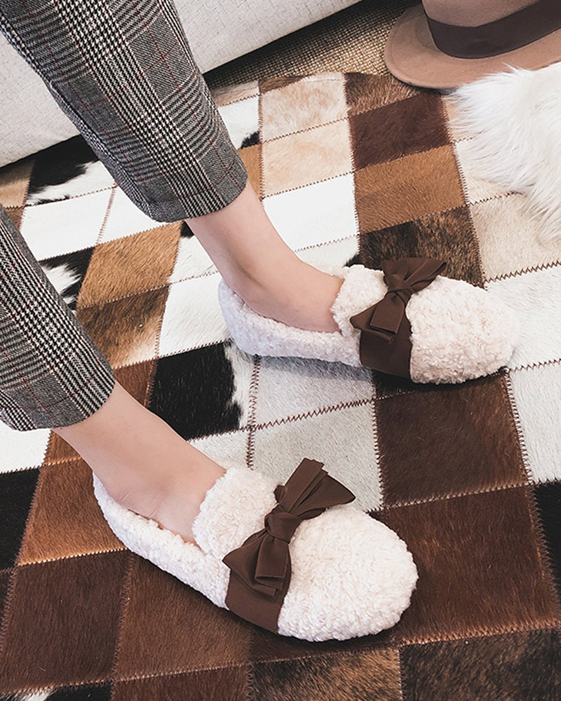 (Clean Up - US 7) Faux Lamb Wool Comfy Warm Bow Loafers