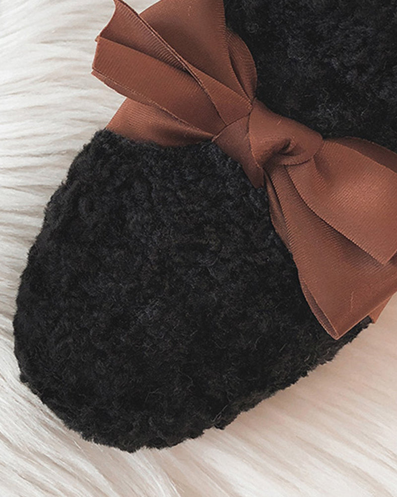(Clean Up - US 7) Faux Lamb Wool Comfy Warm Bow Loafers