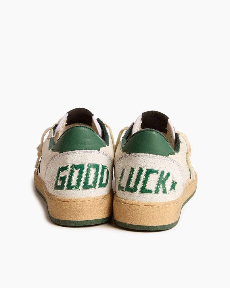 Men's White Nappa Leather Sneakers with Green Leather Star and Heel Tab